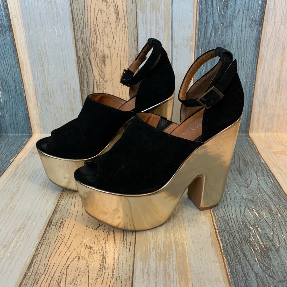 RARE Jeffrey Campbell black & gold platforms